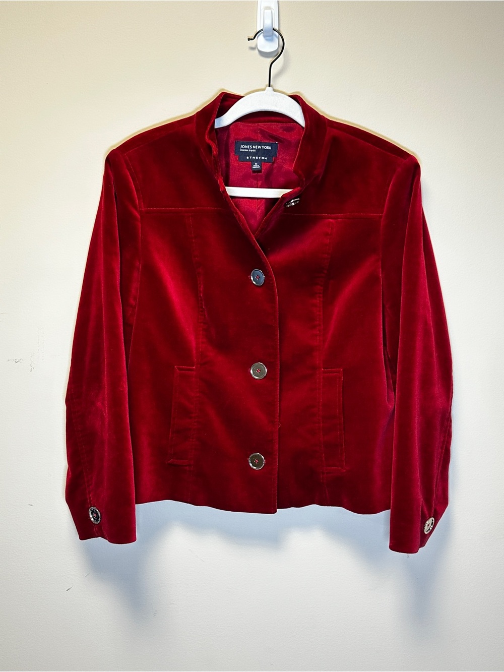 Jones New York Red Velvet Collarless Button Jacket Size M